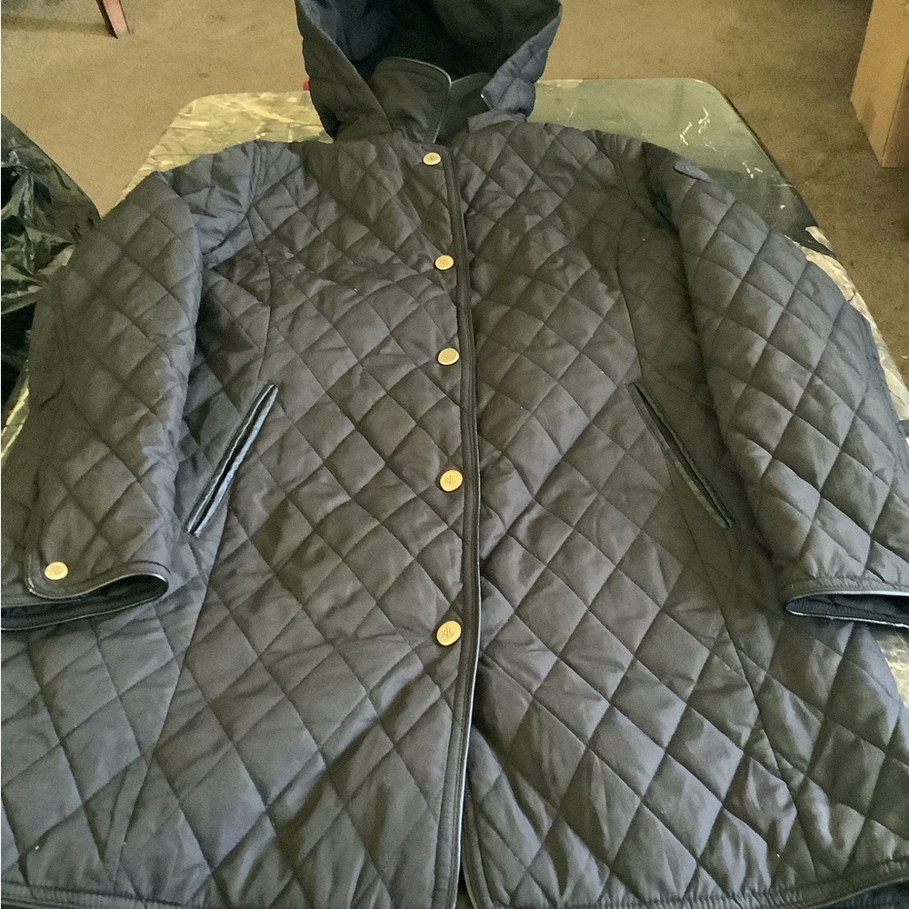 Ralph Lauren black diamond quilted hooded puffer barn car coat size large